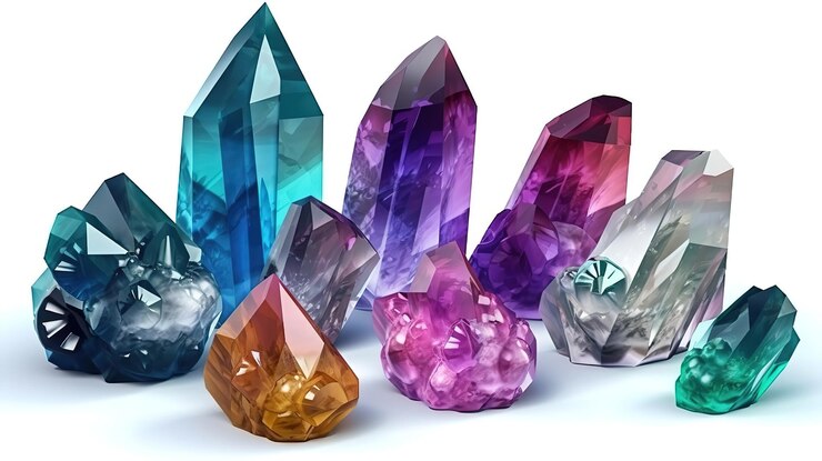 3d render conjunto de cristales coloridos Colección de minerales geológicos Generativo Ai