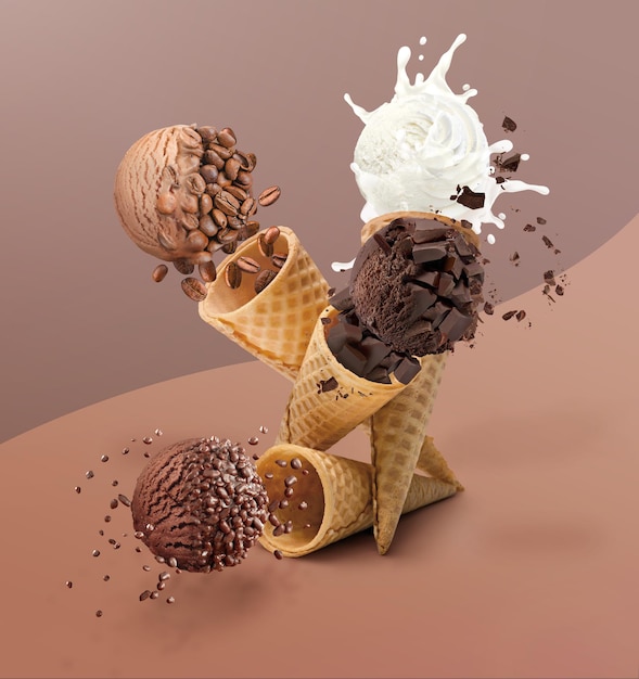 3D Render Conos de helado con sabores de crema y galletas de chocolate y café