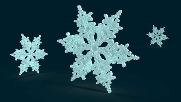 3d render copos de nieve helados sobre un fondo azul oscuro fondo de vacaciones de invierno