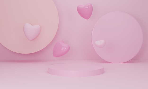 3d render Corazón rosa y soporte de podio para mostrar la exhibición del producto sobre fondo de color pastel