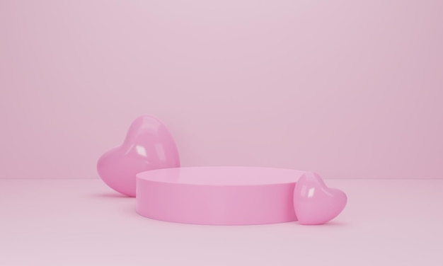 3d render Corazón rosa y soporte de podio para mostrar la exhibición del producto sobre fondo de color pastel