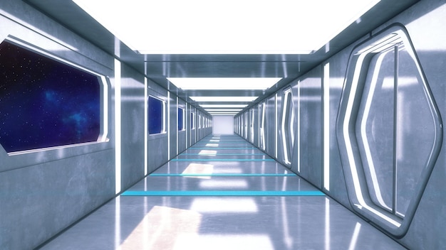 3D Render Corredor interior de nave espacial futurista