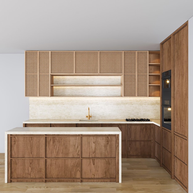 Foto 3d render cozinha moderna com design de interiores de armário de madeira
