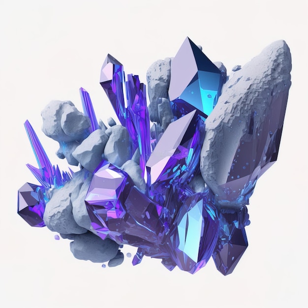 3D render cristais azuis violeta crescendo na ilustração abstrata de rocha branca