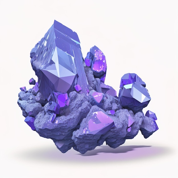 3D render cristais azuis violeta crescendo na ilustração abstrata de rocha branca