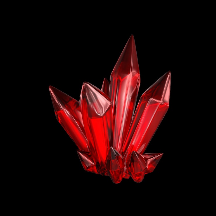 Foto 3d render cristal rojo esmeralda sobre fondo negro gemas pepitas naturales accesorios misteriosos