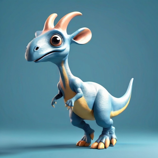 3d render Cute estilo de dibujos animados Parasaurolophus divertido y corriendo Grandes ojos aislados fondo azul ai