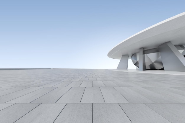 3D render da arquitetura futurista com piso de concreto vazio, apresentação do carro.