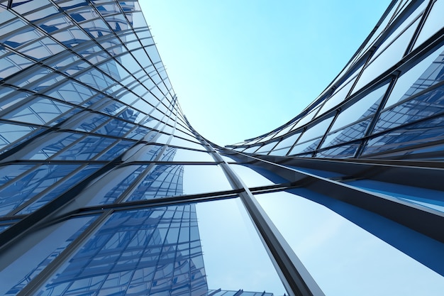 3D render da arquitetura futurista, edifício arranha-céu com janela de vidro curvo.