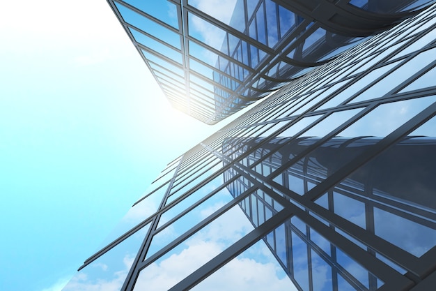 3D render da arquitetura futurista, edifício arranha-céu com nuvem refletida no vidro da janela.