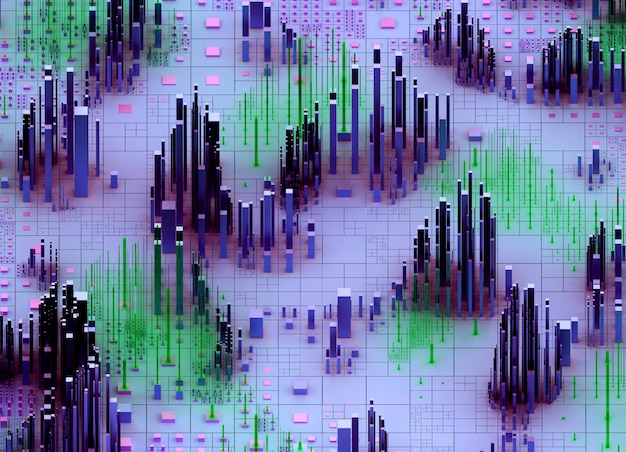 Foto 3d render da arte abstrata 3d dispersão paisagem topográfica plano de fundo 3d com montanhas surreais vale com base em cubos grandes e pequenos aleatórios, barras ou pilares na cor gradiente roxa e verde