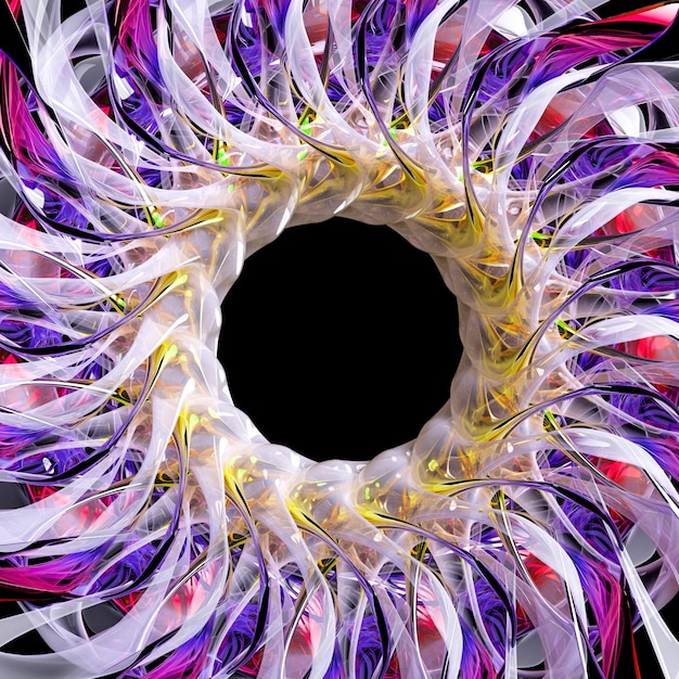 3D render da arte abstrata com parte surreal da flor alienígena 3d ou símbolo da mandala indiana em espiral esférica forma trançada estrutura fractal em plástico branco brilhante com partes de metal roxo amarelo azul