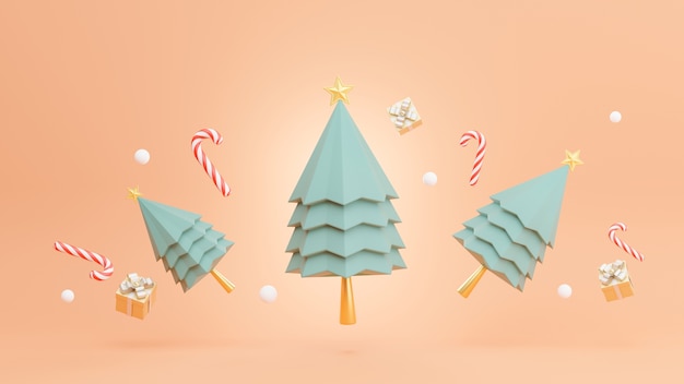 3D render da árvore de natal com decoração