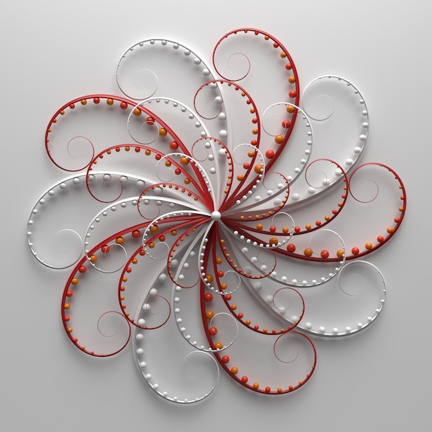 3D render da composição floral. Repetição de elementos de onda com esferas. Bela arte decorativa.