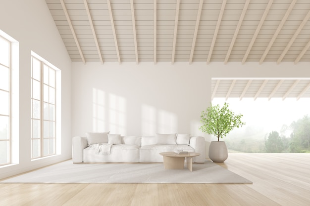 3D render da sala vazia com parede branca e vaso de planta, sofá no piso laminado de madeira.