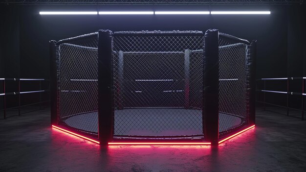 Foto 3d render de arena de boxe vermelha e azul com luzes de fumaça e fumaça