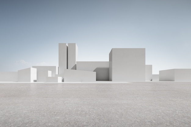 3D render de bloco de concreto, forma de construção com piso de cimento vazio.