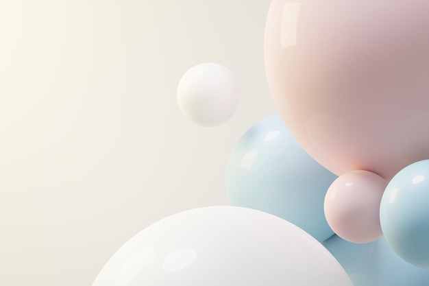 3D render de bola pastel, bolhas de sabonetes, bolhas que flutuando no ar isoladas em fundo pastel. Cena abstrata.