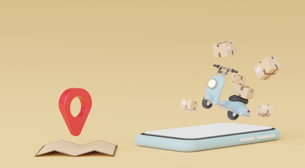 3d render de cartoon mínimo de scooter de entrega de encomendas ou motocicleta. Compras online e conceito de entrega rápida