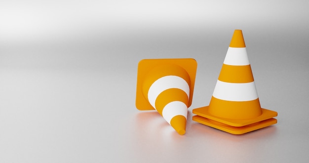 3D render de cones de trânsito realistas. Conjunto de cones de estrada laranja com listras brancas. Renderização 3d