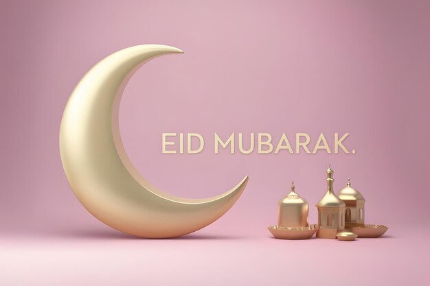 Foto 3d render de crescente de ouro com saudações de eid mubarak em um fundo pastel