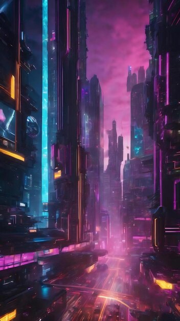 Foto 3d render de cyber punk noite cidade paisagem conceito luz brilhante na cena escura vida noturna technolo