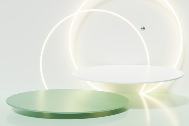 3d render de dois pódios verdes e brancos com anel de círculo led com esfera voadora em um fundo branco