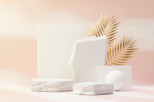 3D render de exibição de pódio de rock com cena de natureza tropical. Conceito de produto e promoção para publicidade. Pedestal de pedra abstrata para objetos de apresentação.