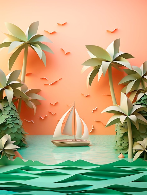3d render de ilha tropical de verão com palmeiras e veleiro