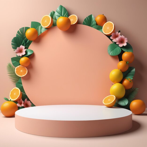 3d render de laranja e pêssego pódio de frutas com folhas em fundo bege 3d render de laranja