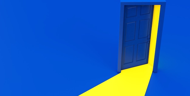 3d render de luz amarela passando pela porta aberta isolada sobre fundo azul.