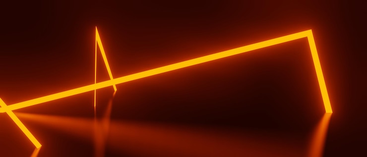 Foto 3d render de luz de néon rgb em fundo escuro. linhas abstratas de laser mostram à noite. cena de feixe de espectro ultravioleta para mock up e banner da web.