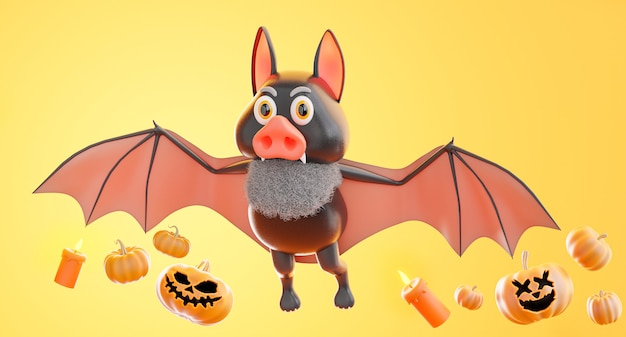 3D render de morcego voando com conceito de halloween, abóbora, vela em fundo laranja