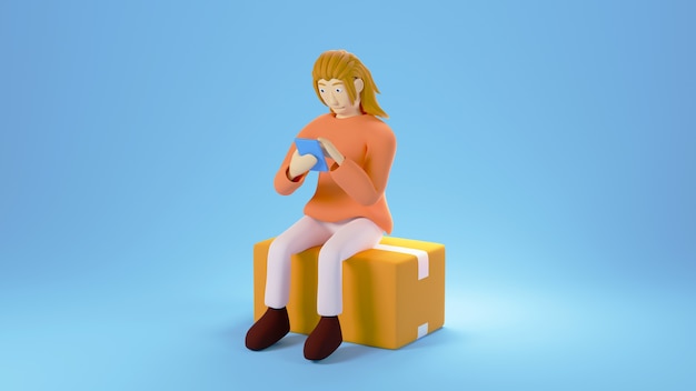 3d render de mulher às compras no celular. negócios online para celular e comércio eletrônico.