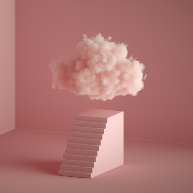 3D render de nuvem fofa flutuando acima do pedestal com escadas, pedestal cúbico, interior mínimo da sala. Objetos isolados em um fundo rosa pastel, conceito moderno de moda mínima, metáfora abstrata