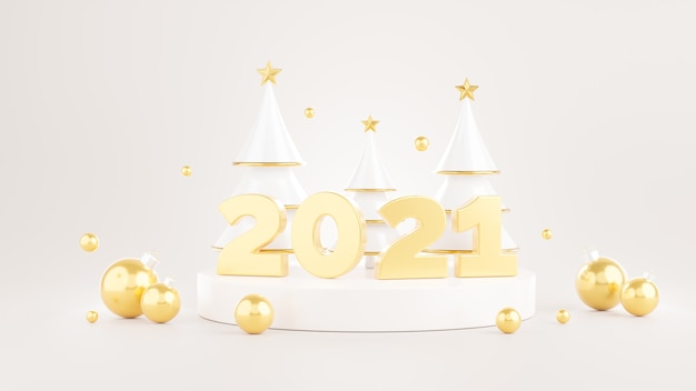 3d render de ouro 2021 feliz ano novo com decoração