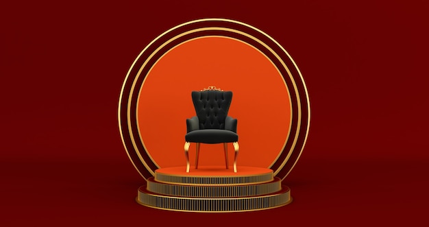 3D render de preto Chair King no pódio, ouro redondo pódio com trono,