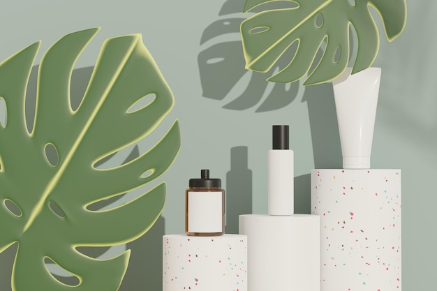 3D render de produtos para a pele cosméticos em branco ou embalagem para simulação. Sabonete de beleza e conceito de spa. Umidade de óleo de loção para a saúde da pele. Design premium e luxuoso para branding.