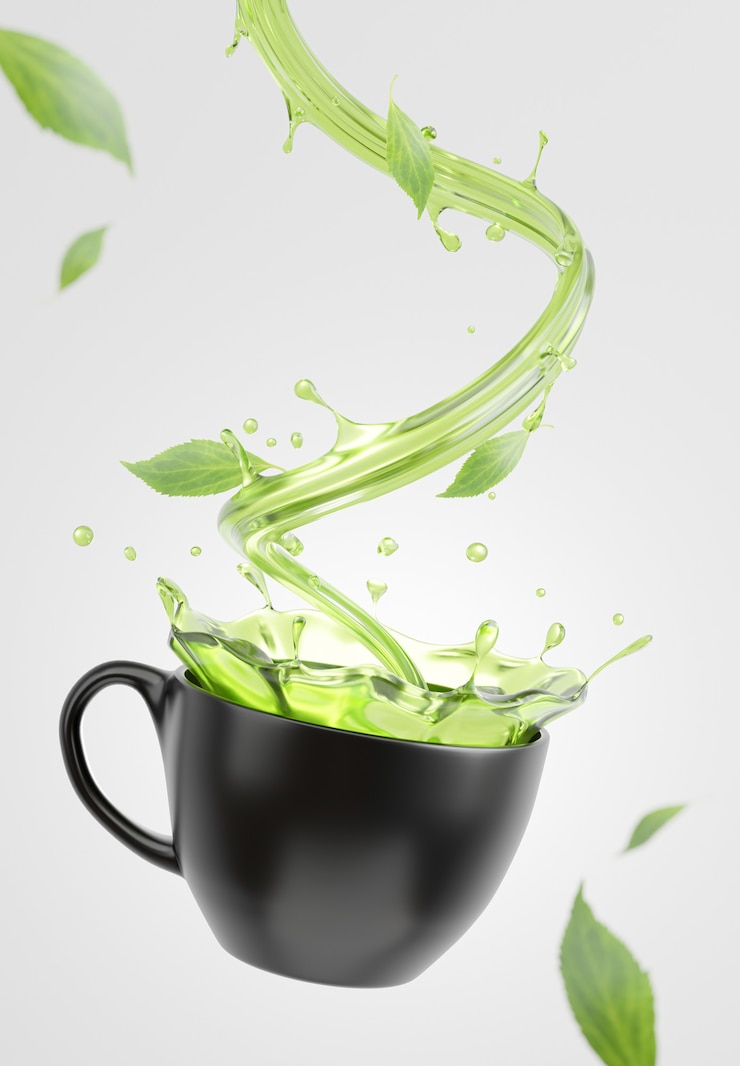 Foto 3d render de realísticas chá verde com respingos de chá