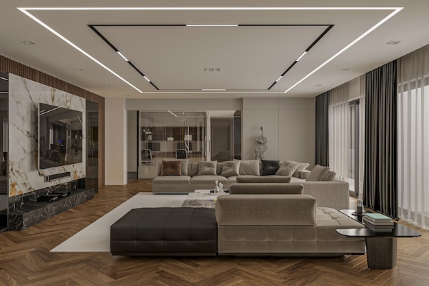 3d render de sala de estar moderna móveis de luxo no interior