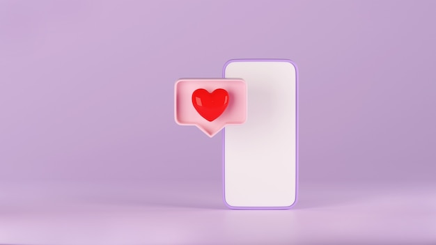 3d render de smartphone com ícone de amor em caixa de bolha de discurso rosa pastel