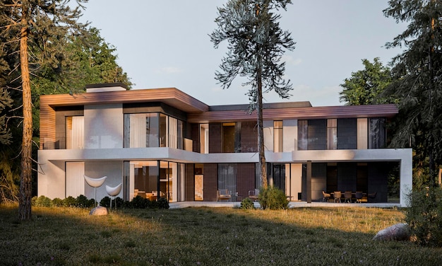 Foto 3d render de uma casa na floresta. casa com terraço e janelas panorâmicas