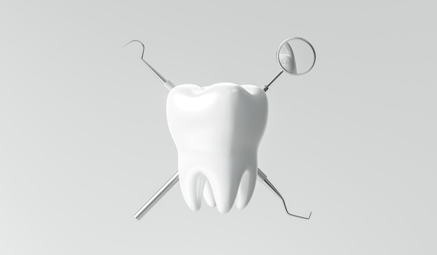 3D-Render Dentalgeräte und weißer Zahn auf weißem Hintergrund