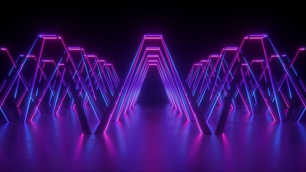 3D-Render des abstrakten futuristischen Neons mit leuchtenden violetten Linien