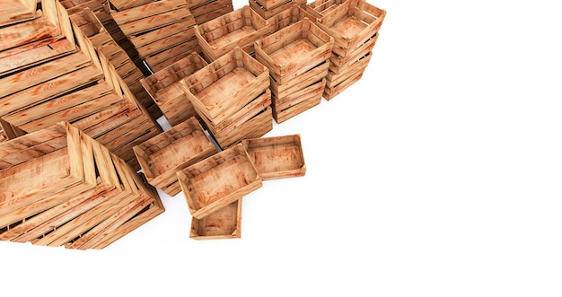 3D-Render des Holzkistenstapels lokalisiert auf weißem Hintergrund. Leere Holzkisten