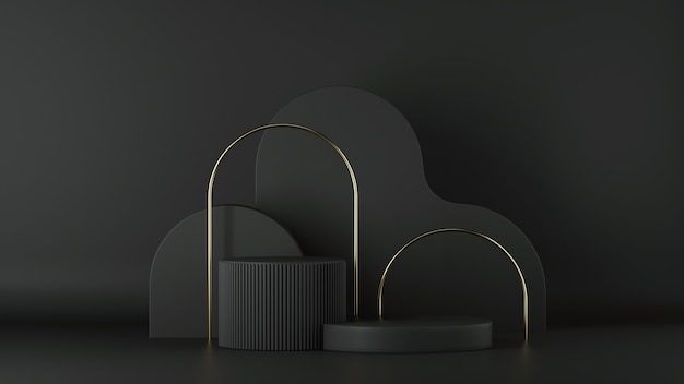 3D-Render des minimalistischen schwarzen Hintergrunds. Leeres Zylinderpodest mit goldenem Bogen.