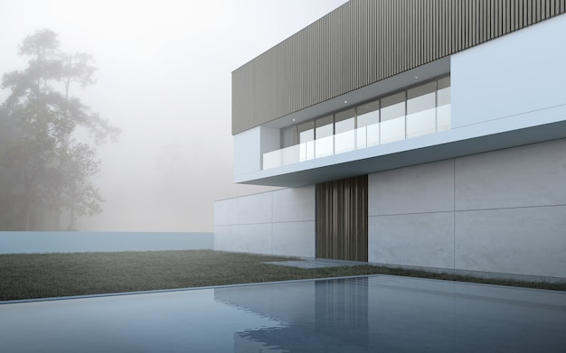 3D-Render des modernen Hauses mit Schwimmbad auf Baumhintergrund.