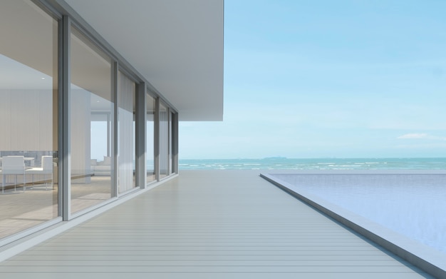 3D-Render des modernen Hauses mit Schwimmbad auf Meereshintergrund.