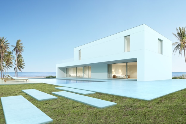 3D-Render des modernen Hauses mit Schwimmbad auf Meereshintergrund.