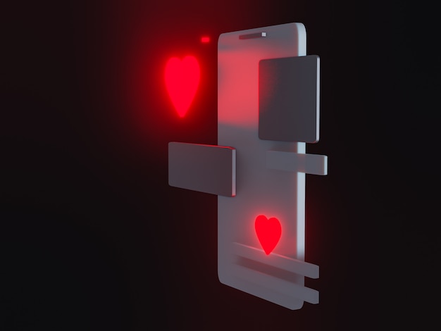 3D-Render des Telefons mit ähnlichem Symbol. Herz lesen. Online-Beziehung, Dating-App